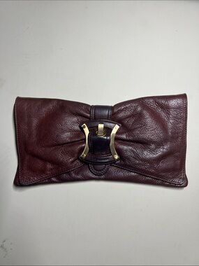b. makowsky Burgundy Leather Bow Clutch with Gold Accent